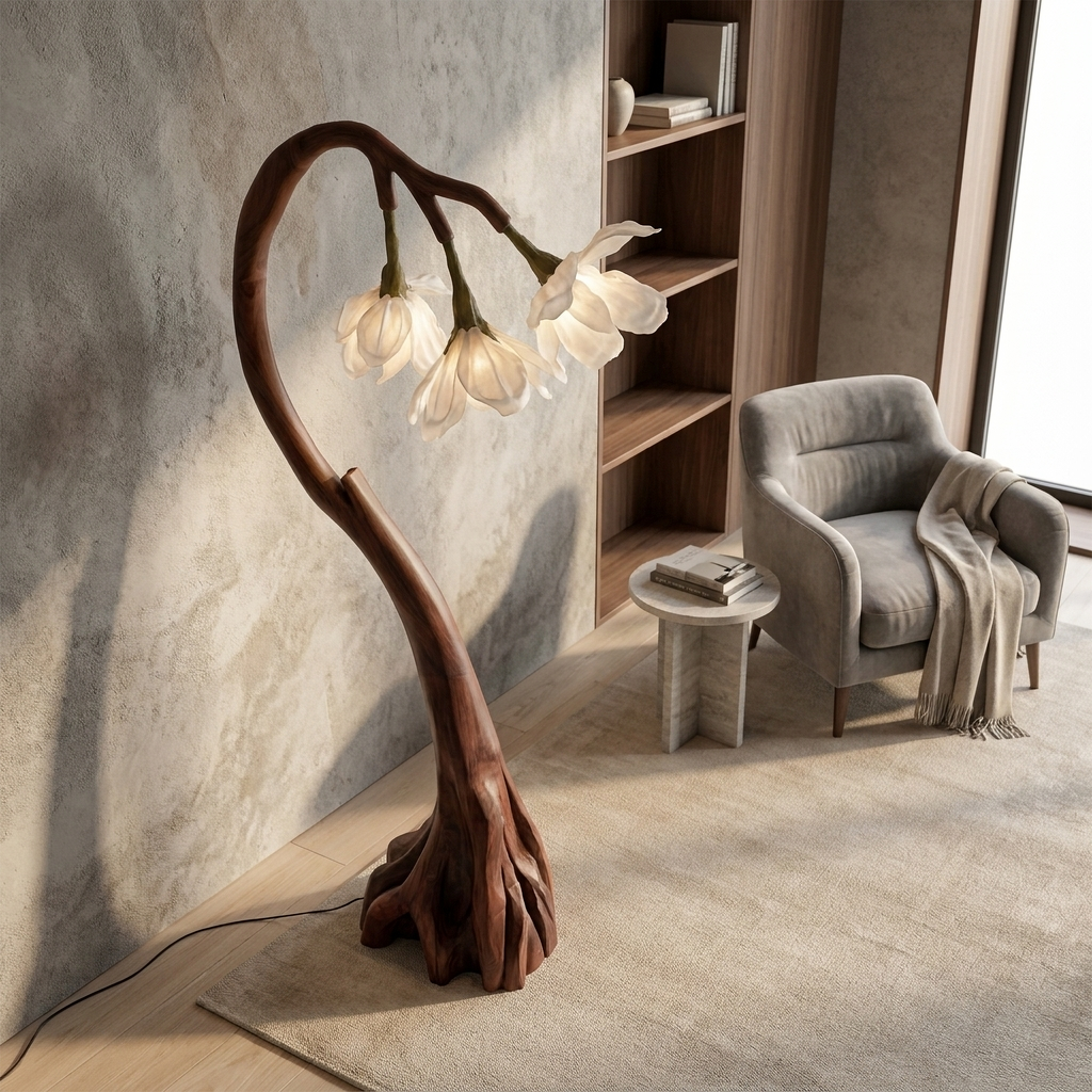 Floral Floor Lamp With Organic Wood Base