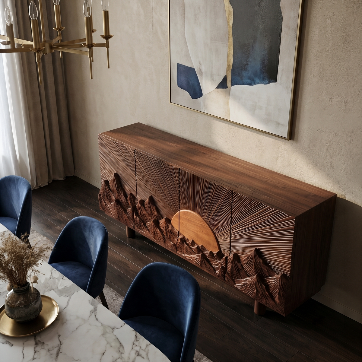 Rustic Mountain Sunrise Storage Cabinet With Carved Wood Doors