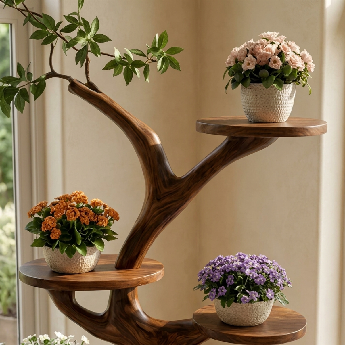 Midcentury Wooden Tree Plant Stand Home Interior