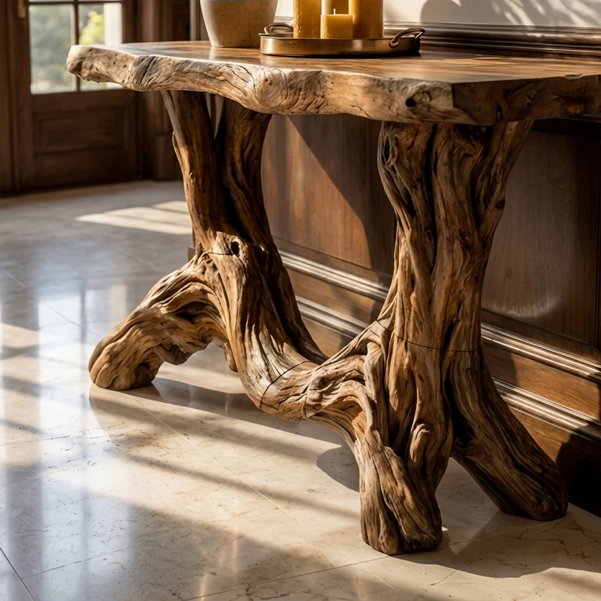 Sculptural Single Pedestal Wood Console Table