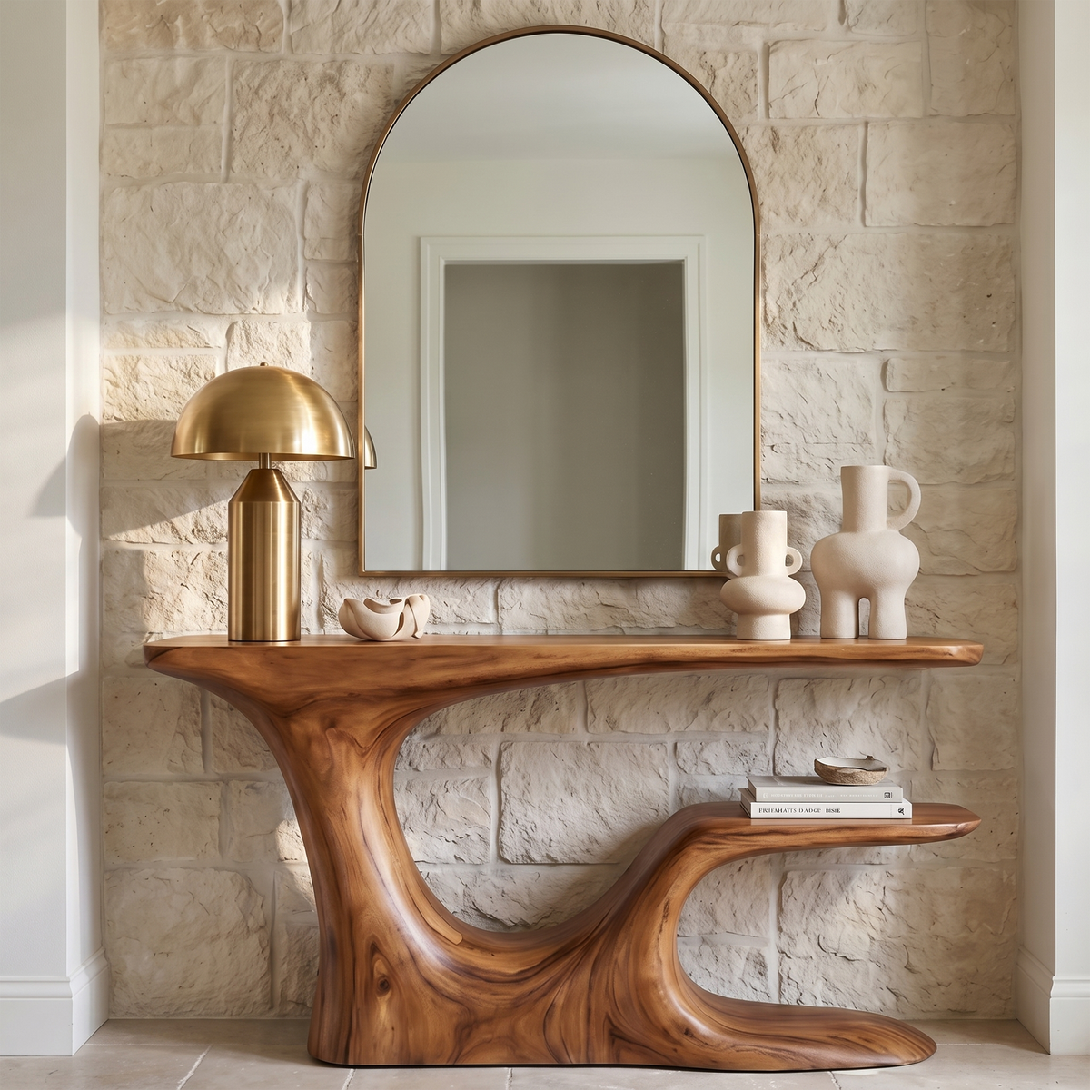 Rustic Organic Console Table With Live Edge Top & Sculptural Solid Wood Base
