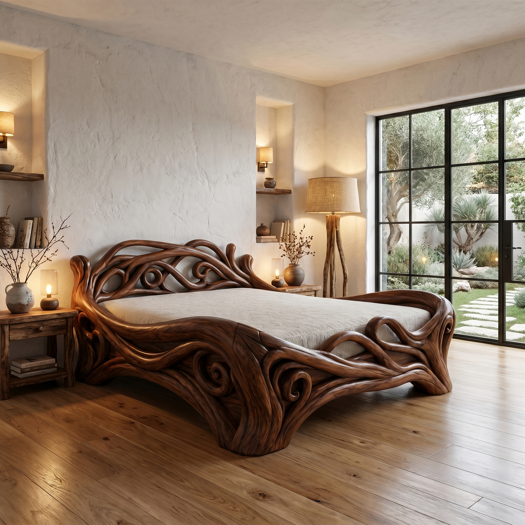 Organic Sculptural Bed Frame With Flowing Root-Inspired Wood Design