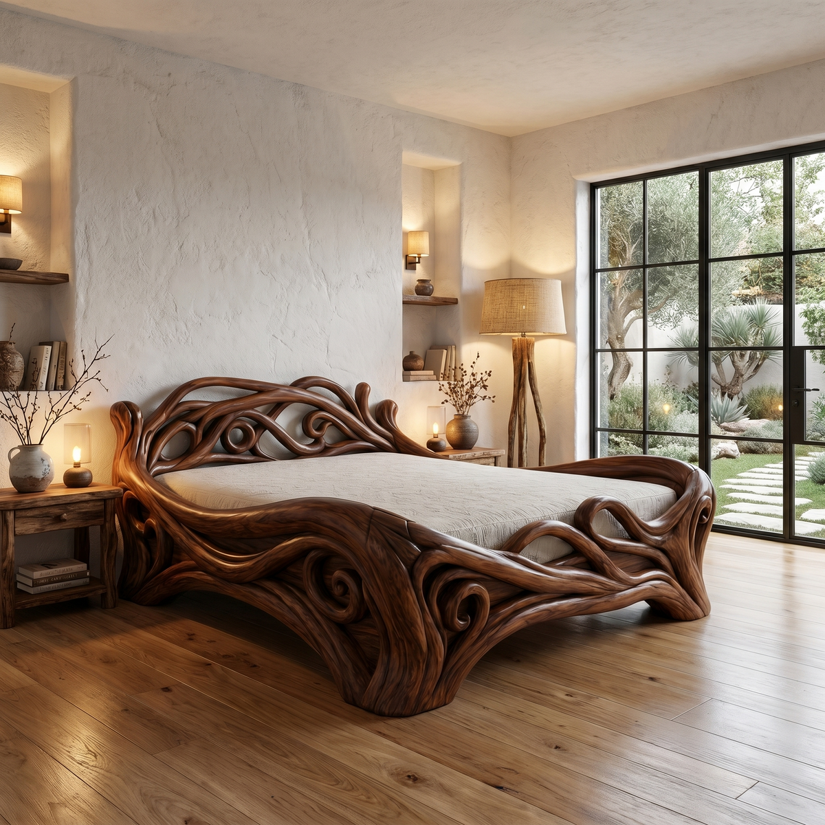 Organic Sculptural Bed Frame With Flowing Root-Inspired Wood Design
