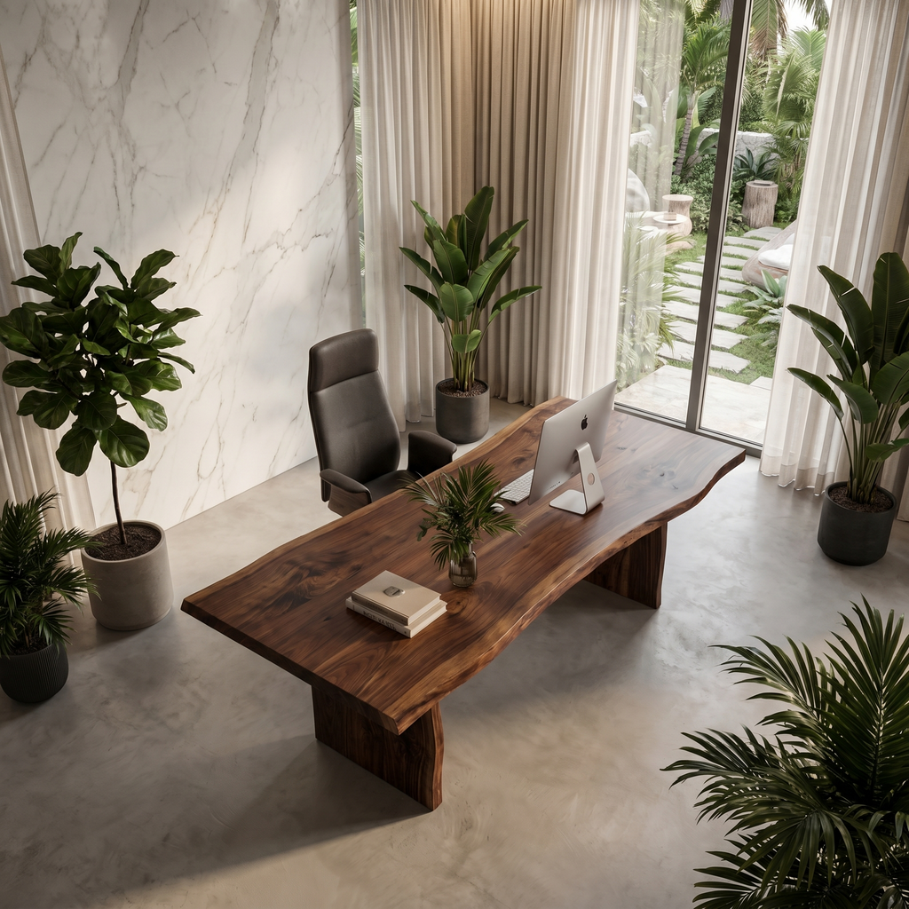 Rustic Live Edge Wooden Desk With Solid Wood Pedestal Base