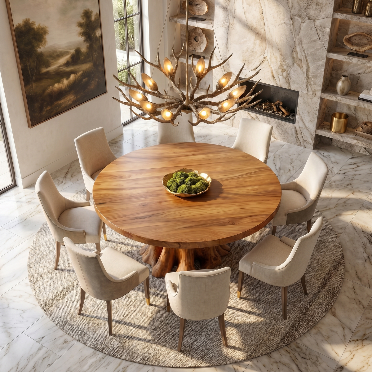 Rustic Round Dining Table With Solid Wood Sculptural Base For Dining Room