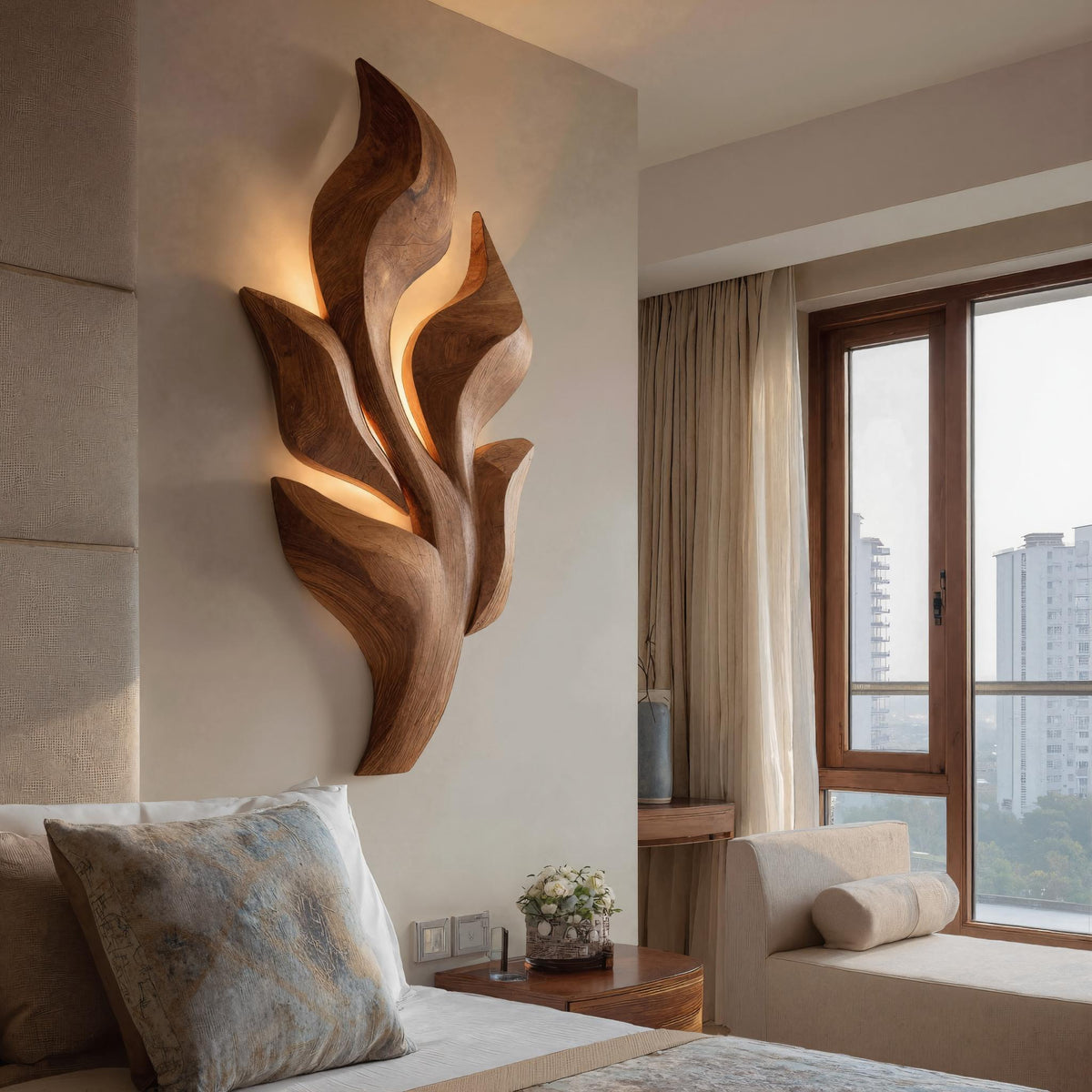Sculptural Wooden Leaf Wall Art With Warm Light For Home