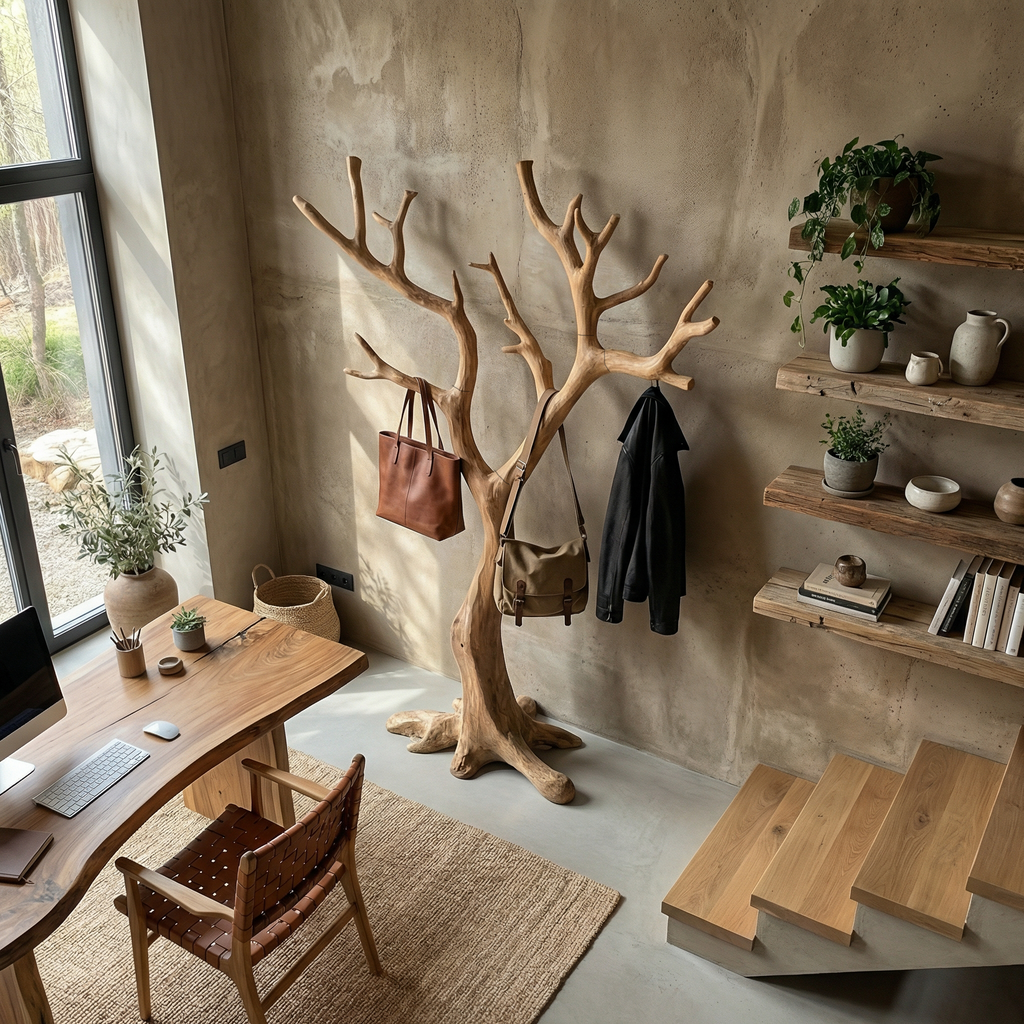 Rustic Sculptural Coat Rack For Entryway And Modern Rustic Interior
