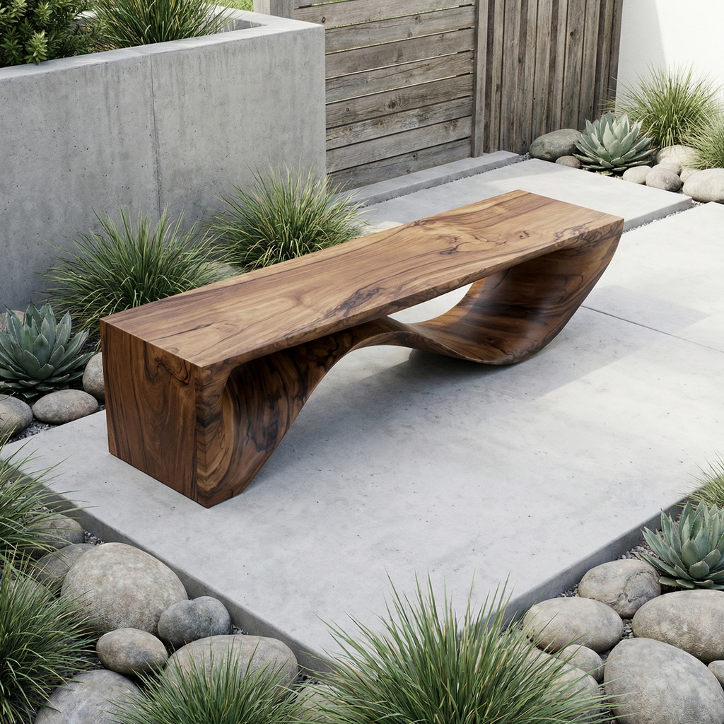 Sculptural Wave Bench Solid Wood Extended Curved Form Entryway
