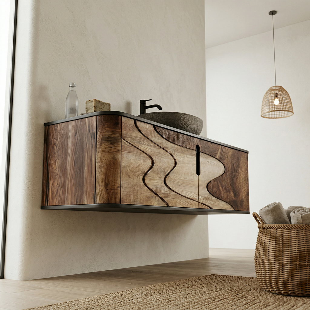 Organic Flow Bathroom Vanity Solid Wood Curved Front Storage Bathroom