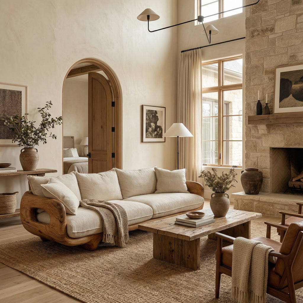 Modern Farmhouse Curved Sofa With Solid Frame For Living Room