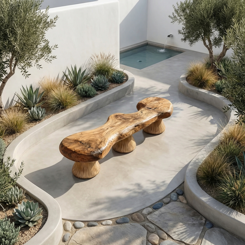 Natural Mushroom Bench Solid Wood Rustic Sculptural Design Entryway Or Garden Space