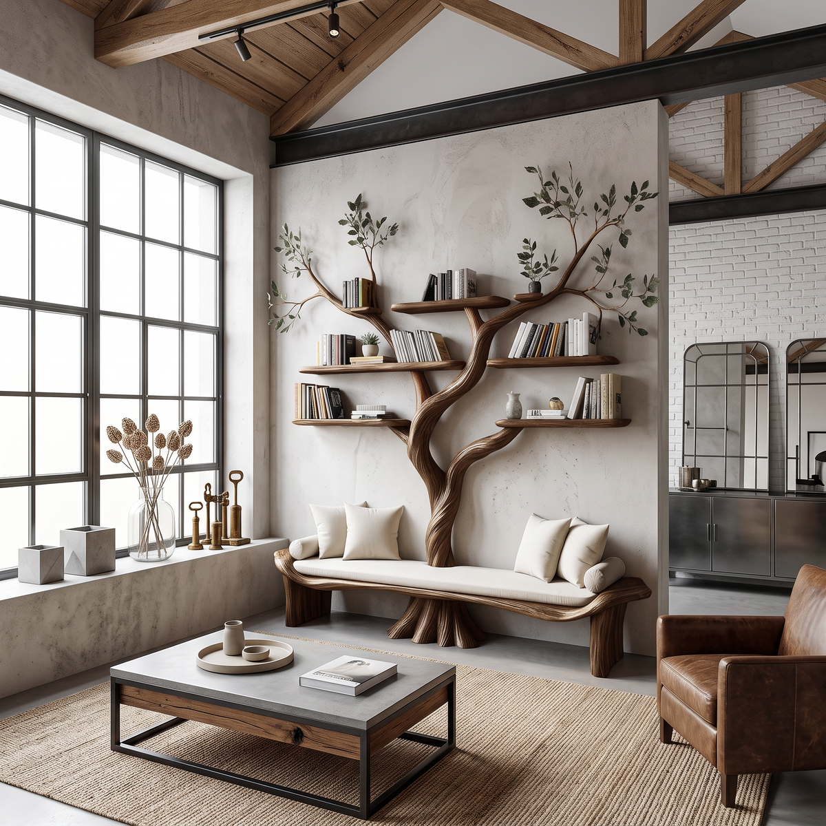 Rustic Sculptural Tree Bookshelf Bench Living Room Interior Statement Furniture