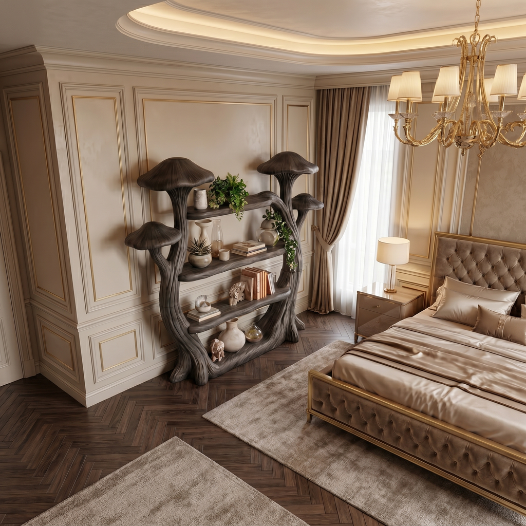 Natural Wood Mushroom Bookcase For Living Room And Reading Room