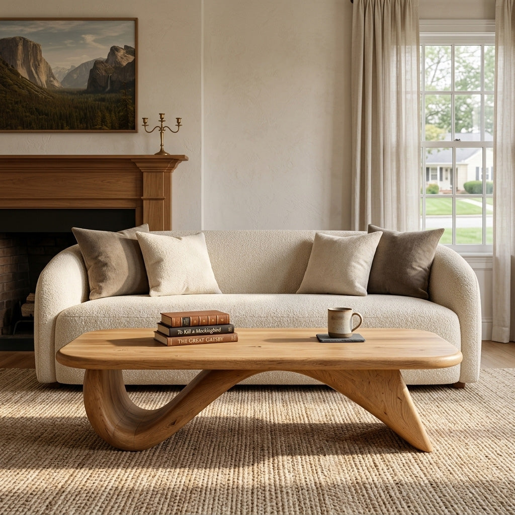 Organic Wood Coffee Table With Sculpted Curved Base For Living