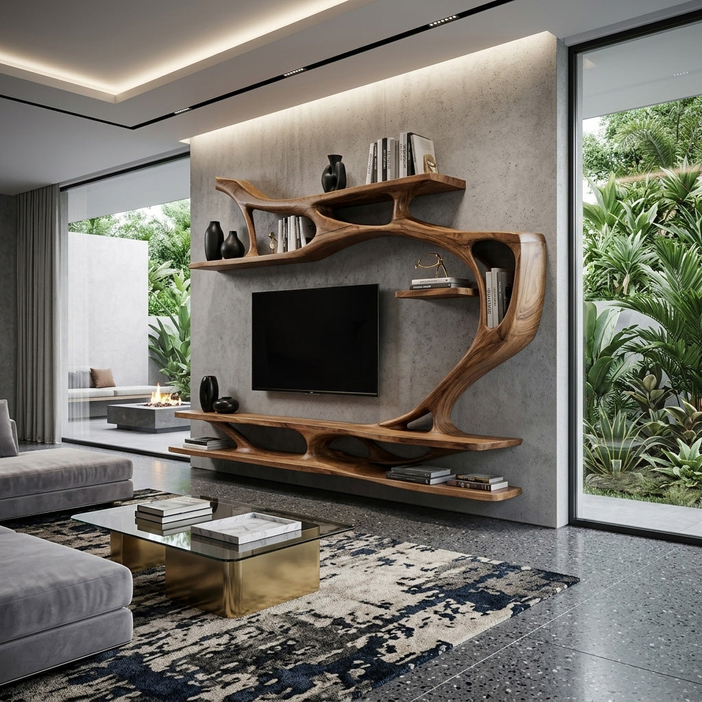 Organic Modern Sculptural Wall TV Shelf For Living Room