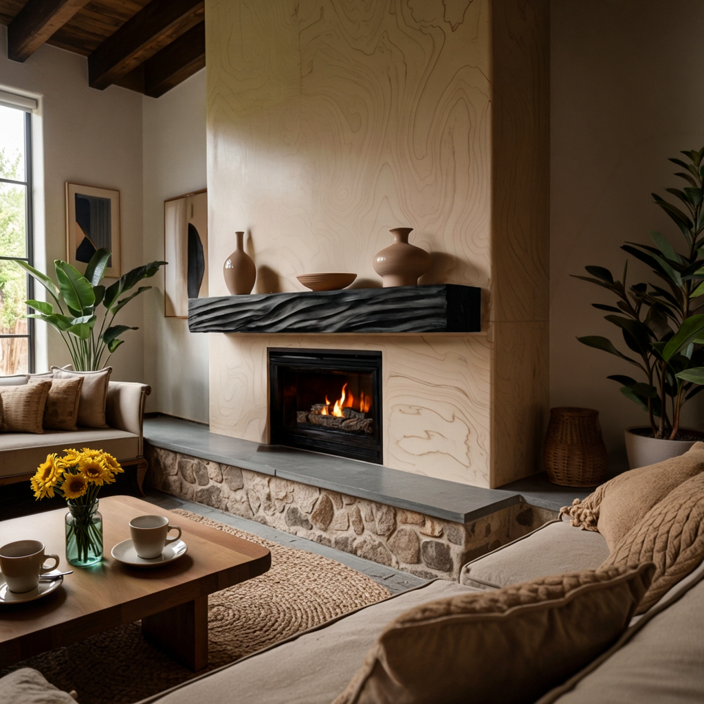 Rustic Wooden Floating Fireplace Mantel For Living Room Interior