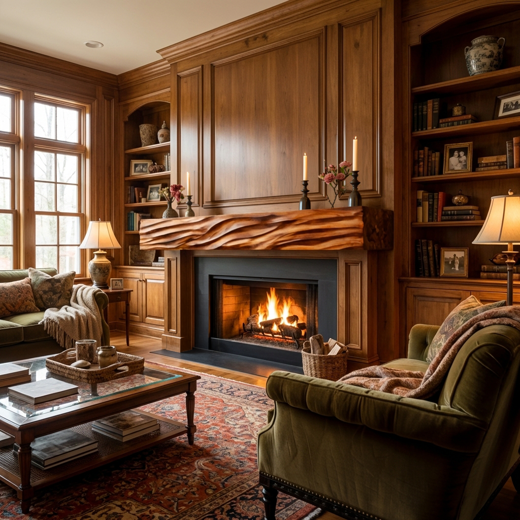 Rustic Wooden Floating Fireplace Mantel For Living Room Interior