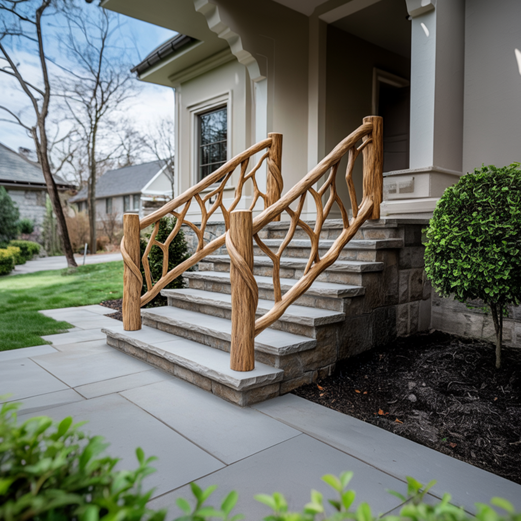 Rustic Stair Wooden Railing For Outdoor Stair Or Entryway