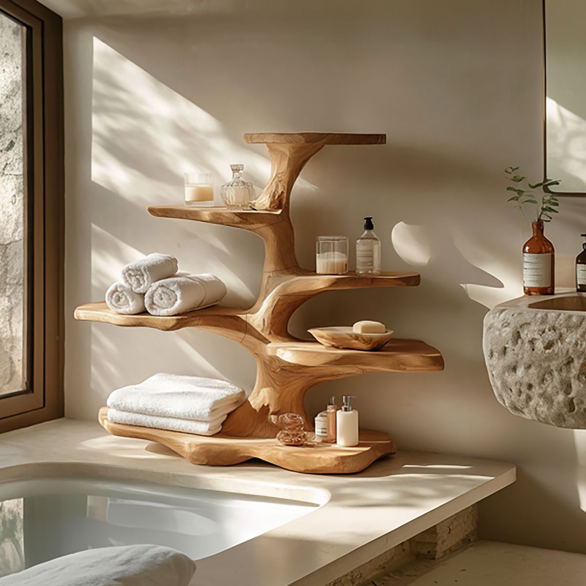 Organic Freestanding Tree Shelf For Bathroom Storage And Interior Decor