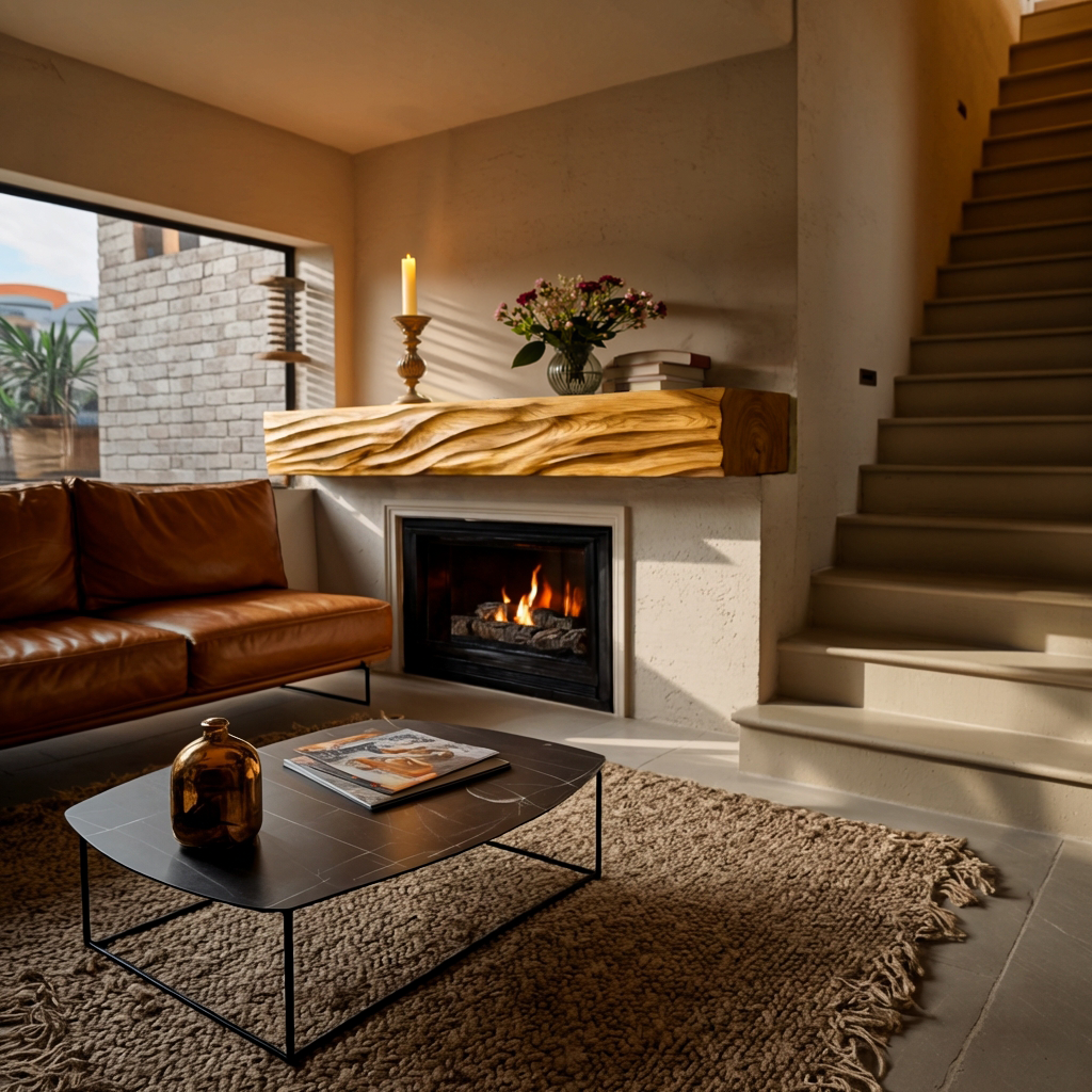 Rustic Wooden Floating Fireplace Mantel For Living Room Interior