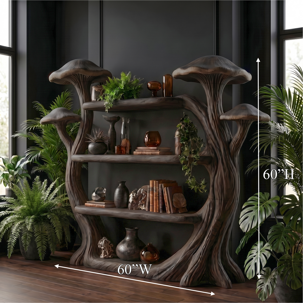 Natural Wood Mushroom Bookcase For Living Room And Reading Room