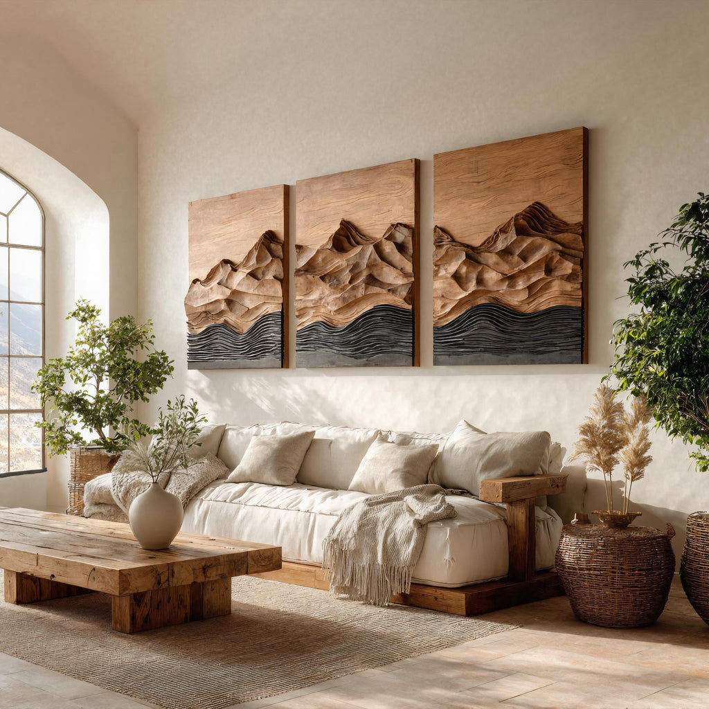 Modern Farmhouse Mountain Wood Wall Art Set For Living Room