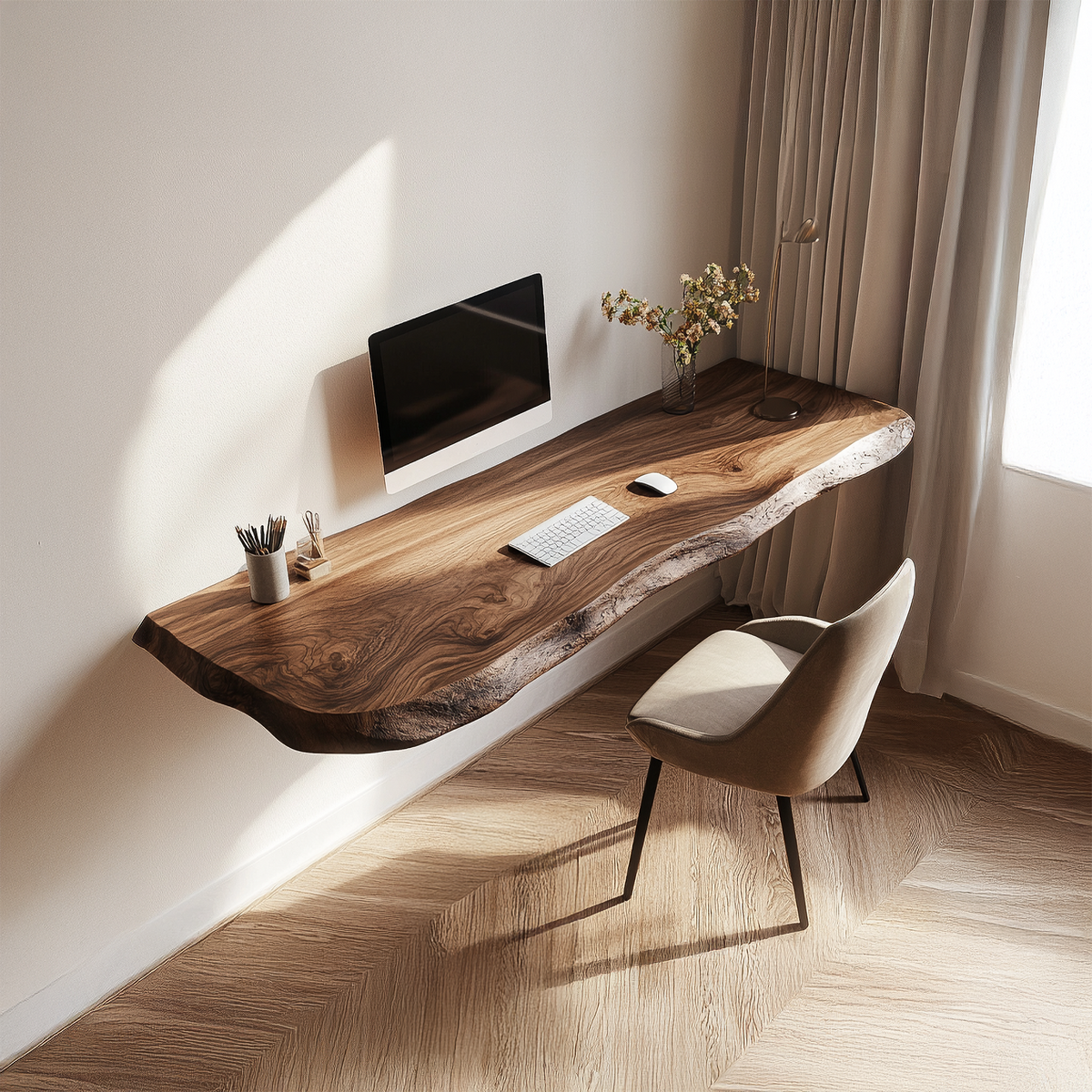Rustic Live Edge Floating Desk Solid Wood Home Office Interior Wall Mounted