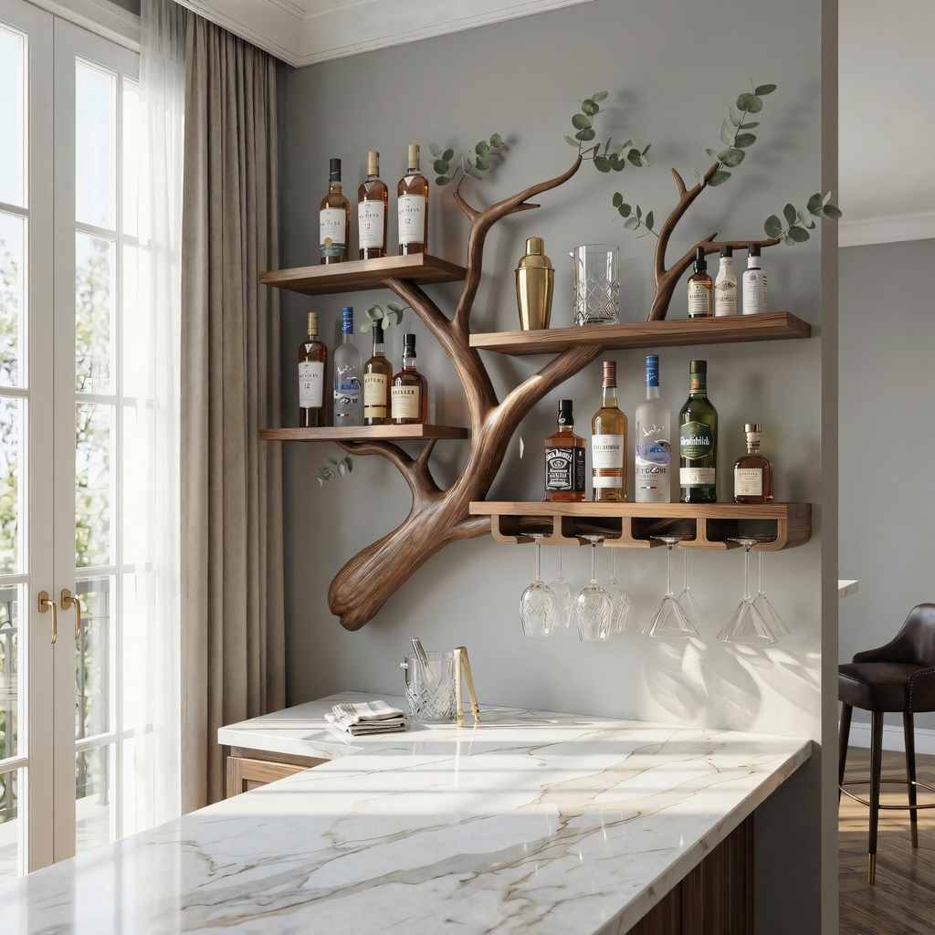 Rustic Tree Branch Wine Rack Wooden Wall Mounted Shelf For Kitchen Dining Room Home Bar