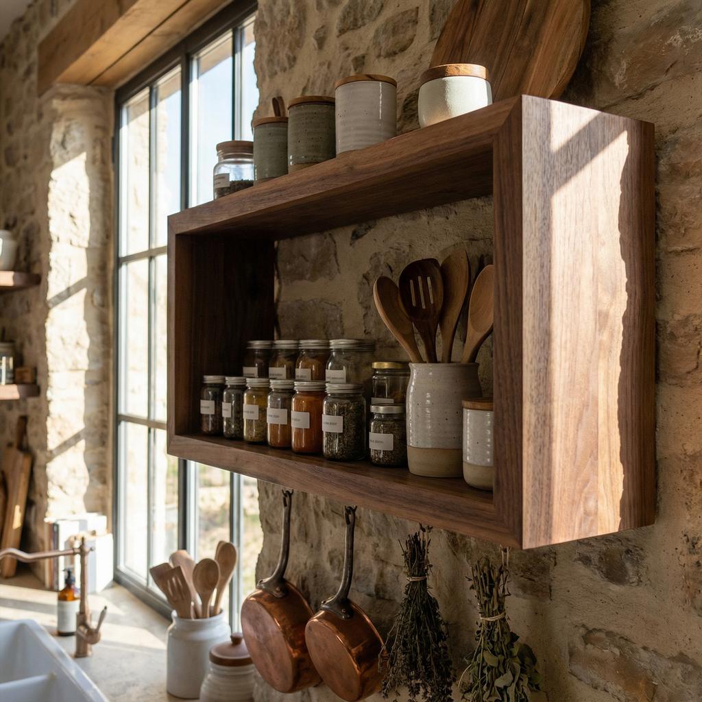 Rustic Box Style Kitchen Wall Shelf Solid Wood Display Unit