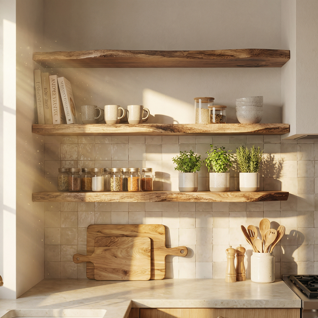 Modern Farmhouse Solid Wood Kitchen Wall Shelving Open Storage Rack