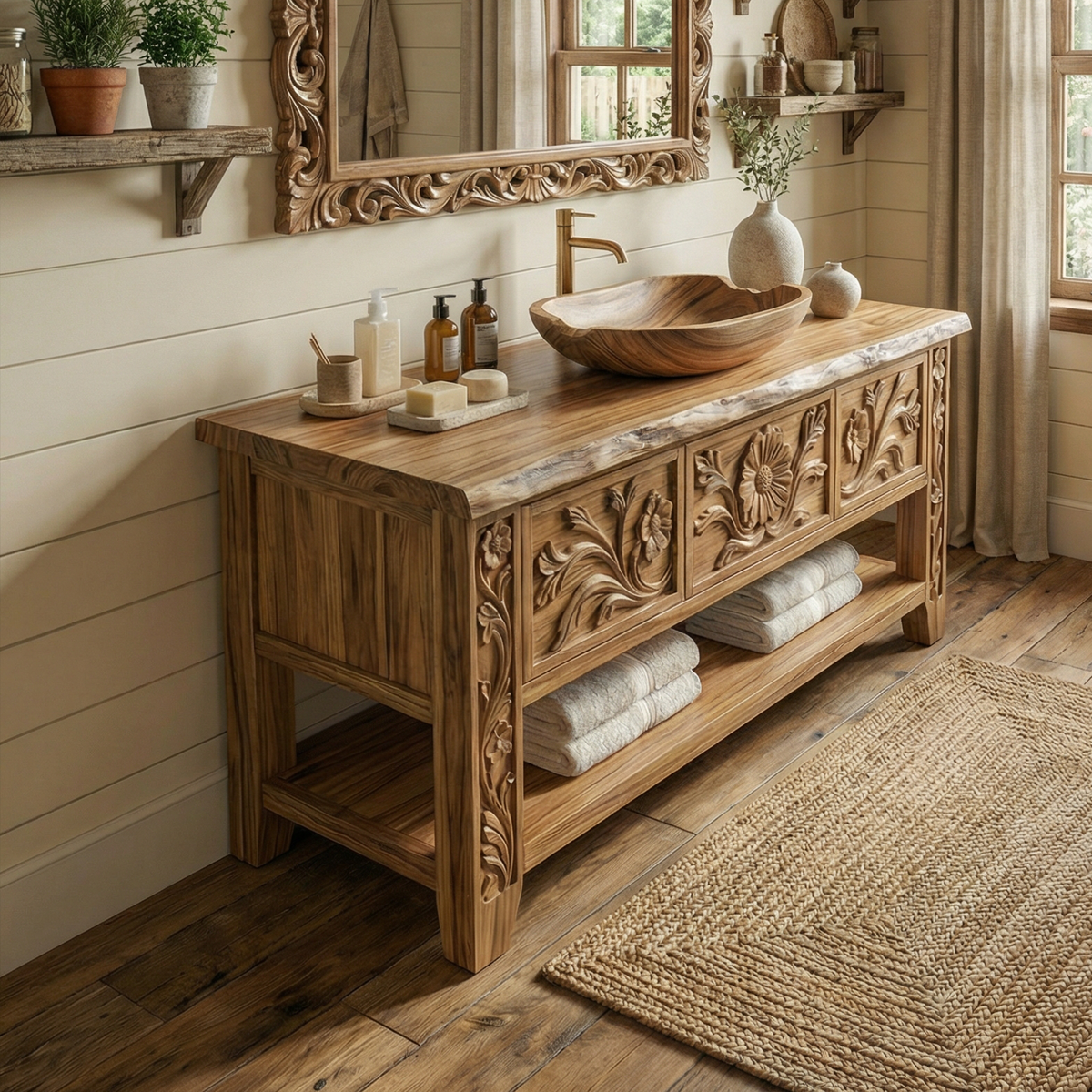 Rustic Hand Carved Solid Wood Bathroom Vanity Decorative Panel Cabinet