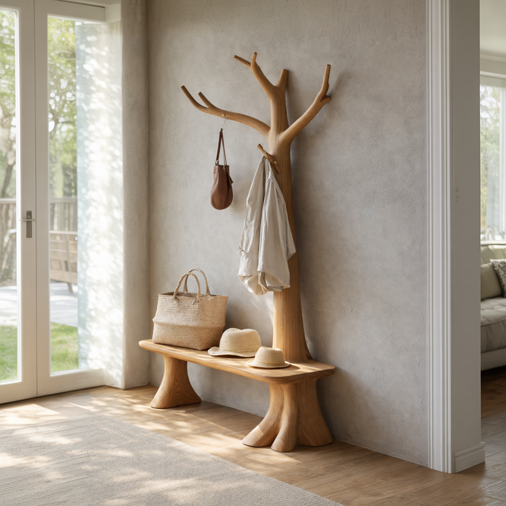 Handcrafted Tree Coat Rack With Bench Solid Wood Entryway Interior Functional Decor