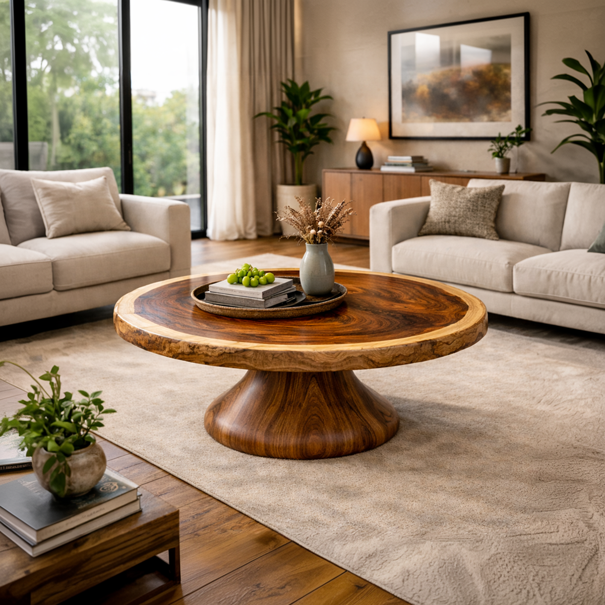 Monumental Pedestal Solid Wood Coffee Table Sculptural Focal Point Sophisticated Living Room Interior