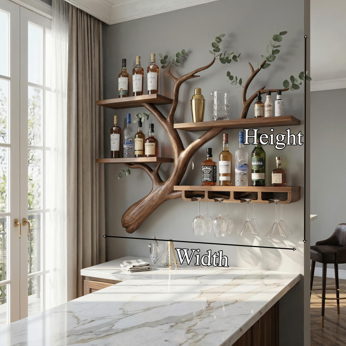 Rustic Tree Branch Wine Rack Wooden Wall Mounted Shelf For Kitchen Dining Room Home Bar