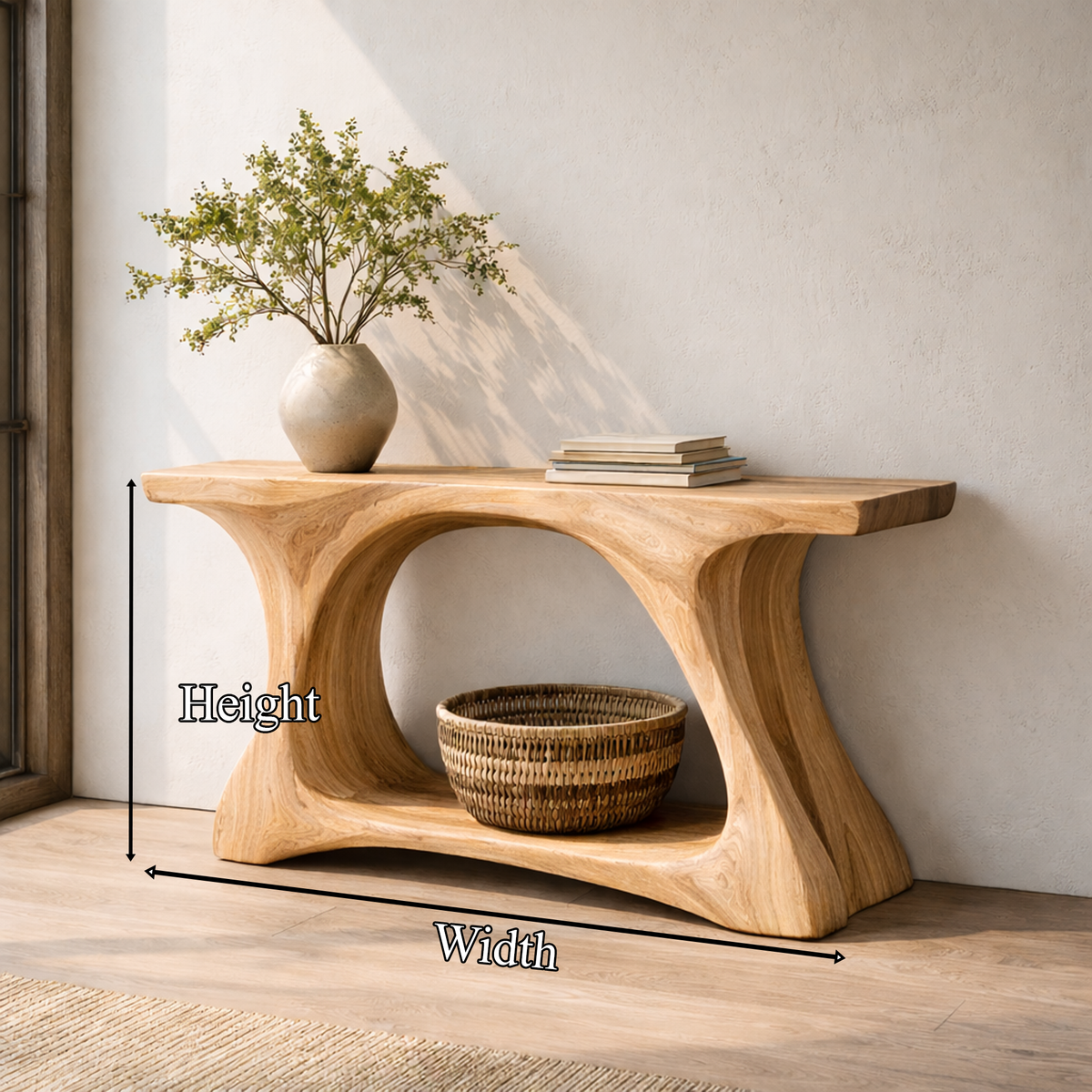 Rustic Wood Console Table With Organic Curved Tree Trunk Base