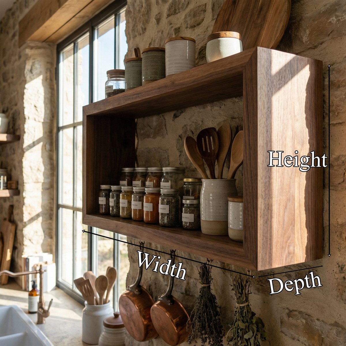 Rustic Box Style Kitchen Wall Shelf Solid Wood Display Unit