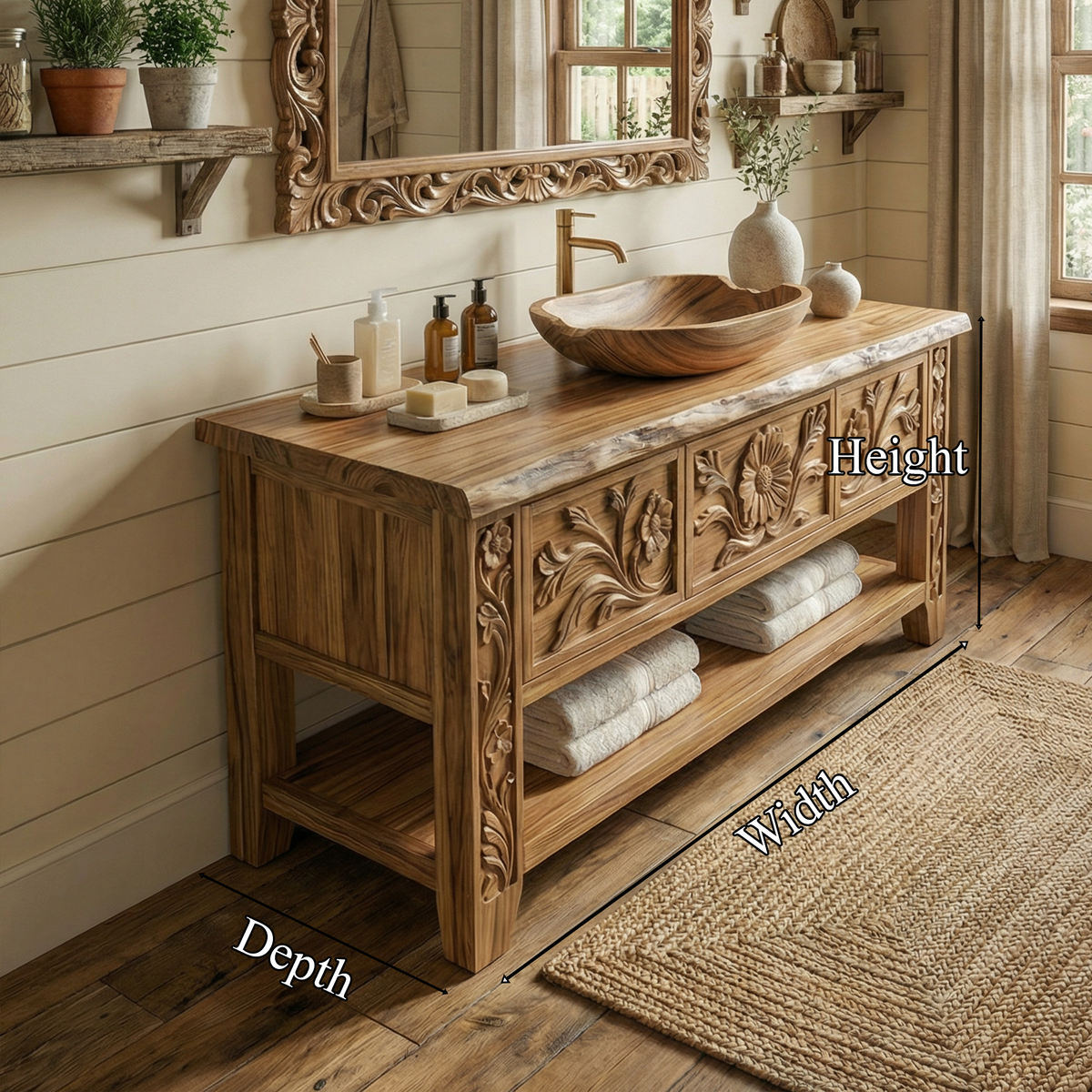 Rustic Hand Carved Solid Wood Bathroom Vanity Decorative Panel Cabinet