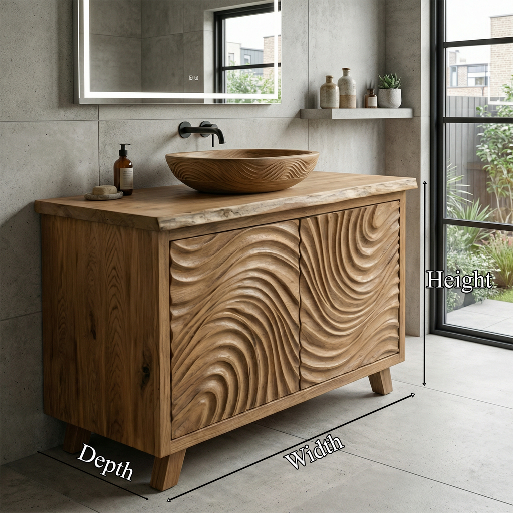 Modern Wave Carved Solid Wood Bathroom Vanity Freestanding Cabinet