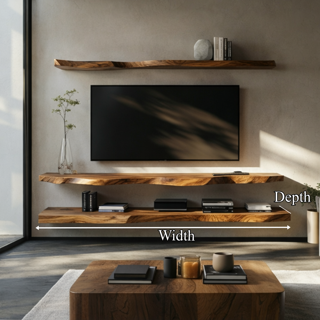 Rustic Live Edge Floating Media Shelf Solid Wood Living Room Interior Wall Mounted