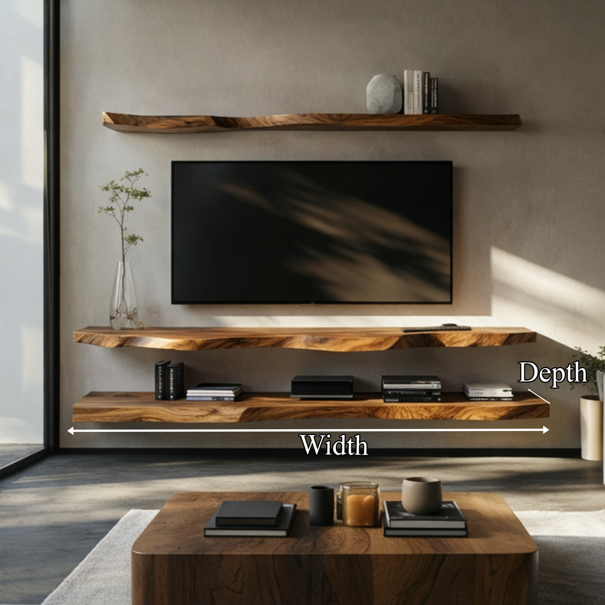 Rustic Live Edge Floating Media Shelf Solid Wood Living Room Interior Wall Mounted