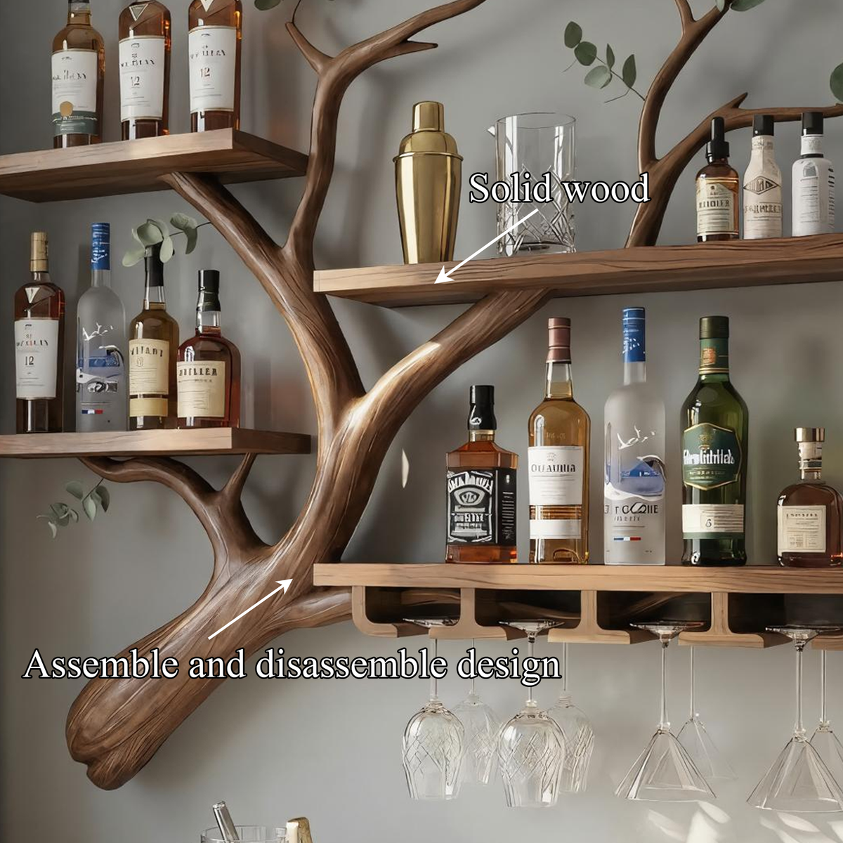 Rustic Tree Branch Wine Rack Wooden Wall Mounted Shelf For Kitchen Dining Room Home Bar