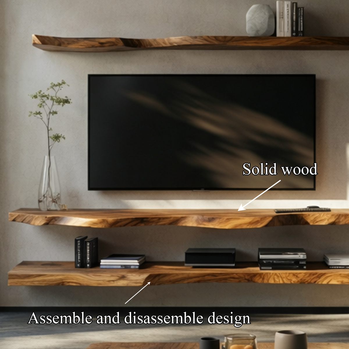 Rustic Live Edge Floating Media Shelf Solid Wood Living Room Interior Wall Mounted