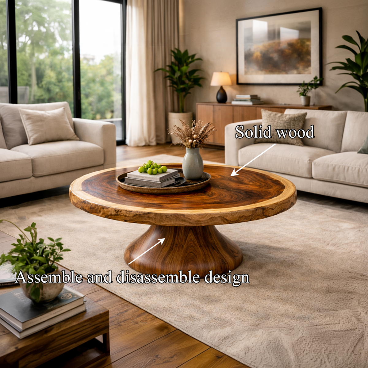 Monumental Pedestal Solid Wood Coffee Table Sculptural Focal Point Sophisticated Living Room Interior