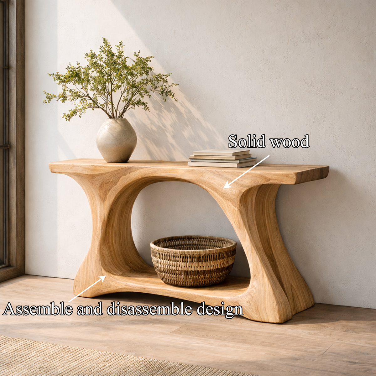 Rustic Wood Console Table With Organic Curved Tree Trunk Base