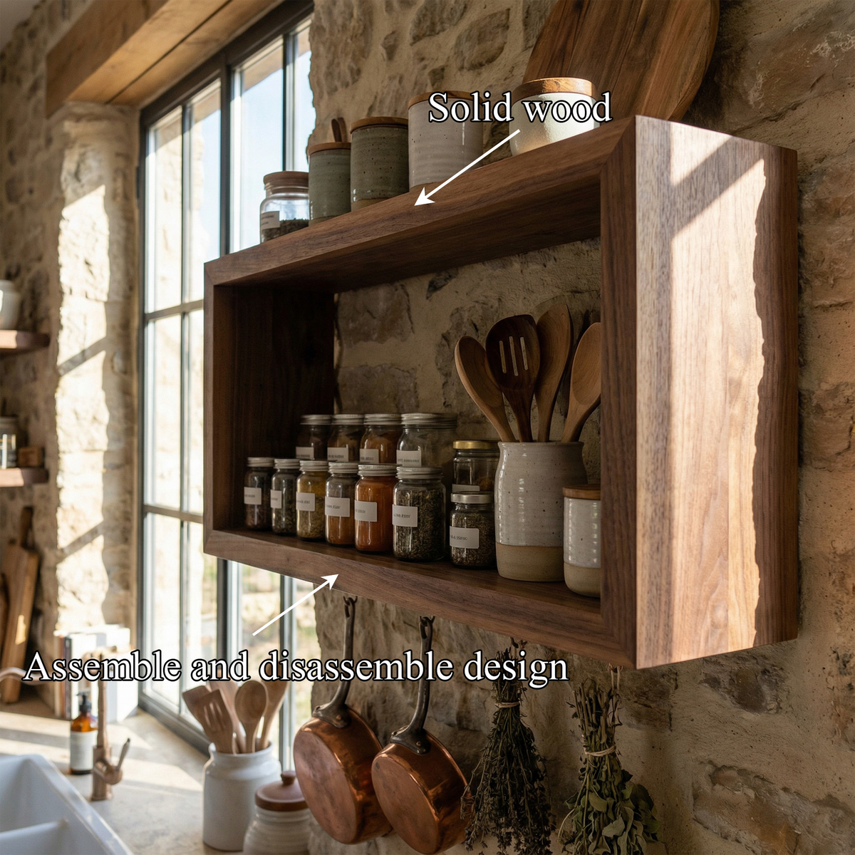Rustic Box Style Kitchen Wall Shelf Solid Wood Display Unit