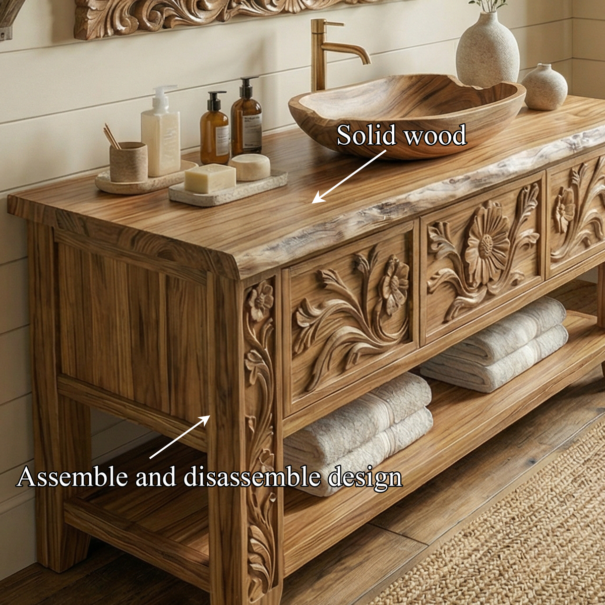 Rustic Hand Carved Solid Wood Bathroom Vanity Decorative Panel Cabinet