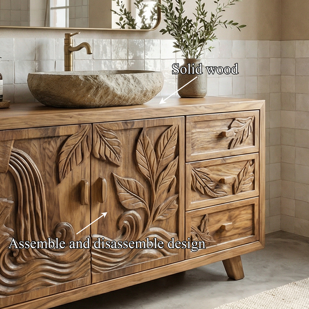 Bohemian Solid Wood Bathroom Vanity Leaf Carved Storage Cabinet