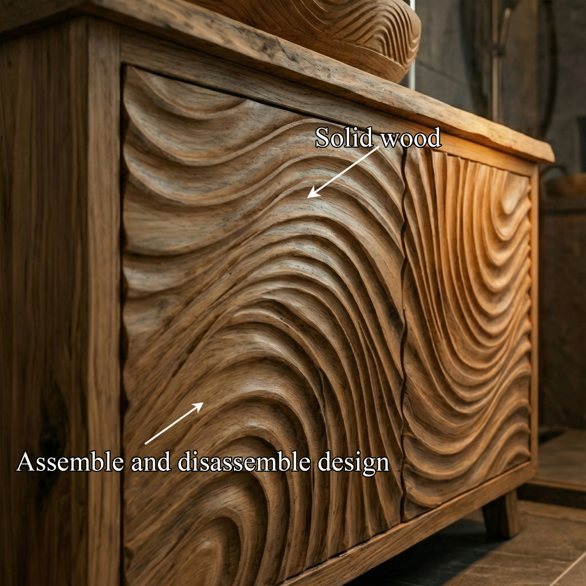 Modern Wave Carved Solid Wood Bathroom Vanity Freestanding Cabinet