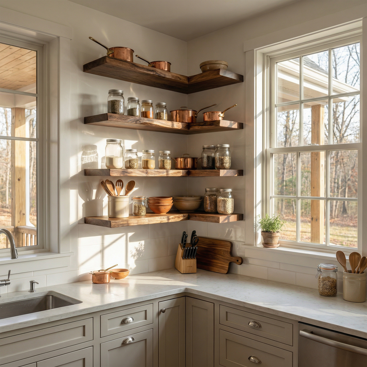 Modern L Shape Floating Kitchen Shelves Corner Wall Storage Display