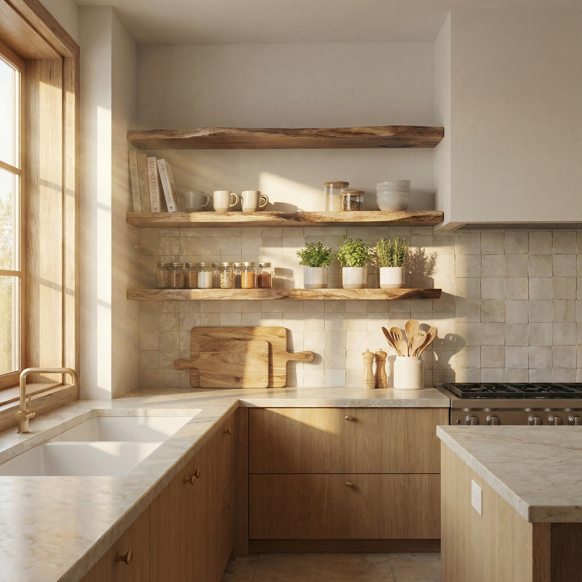 Modern Farmhouse Solid Wood Kitchen Wall Shelving Open Storage Rack